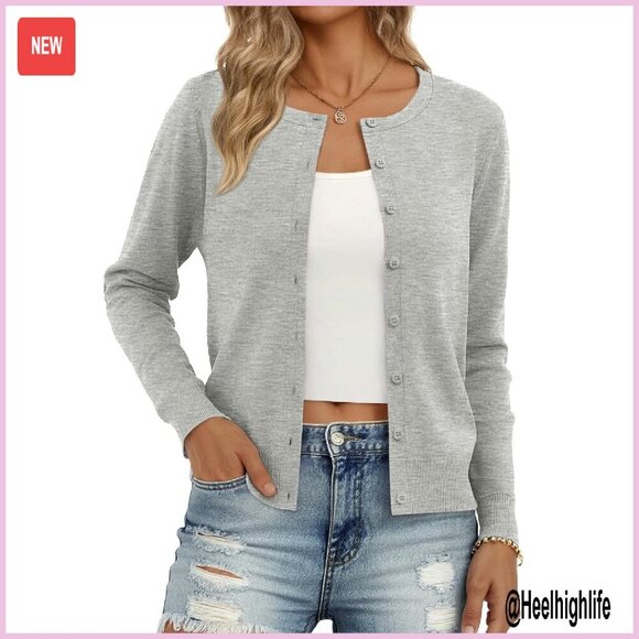 Sweaters - Lightweight Crewneck Cardigan Slim Fit Long Sleeve Button Front Fall Fashion